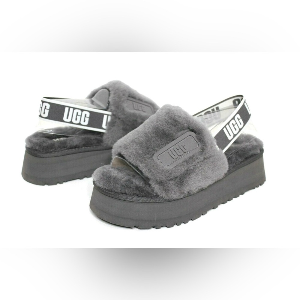 NWOT UGG Disco Slide Sandals Sheepskin Dark Grey Color Slipper